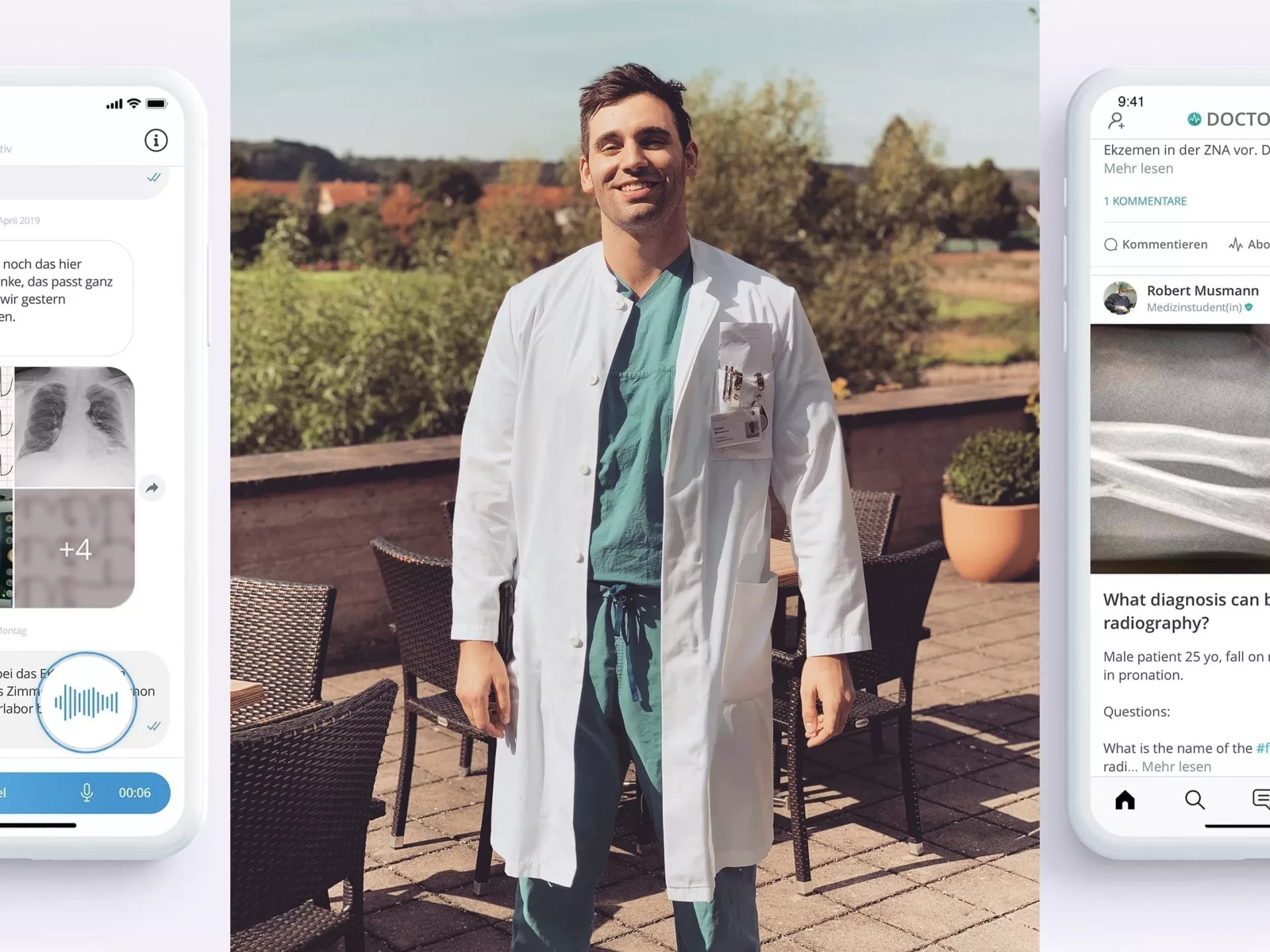 Das Bild zeigt den Gründer von Doctorsgate und zwei Anwendungsbeispiele.