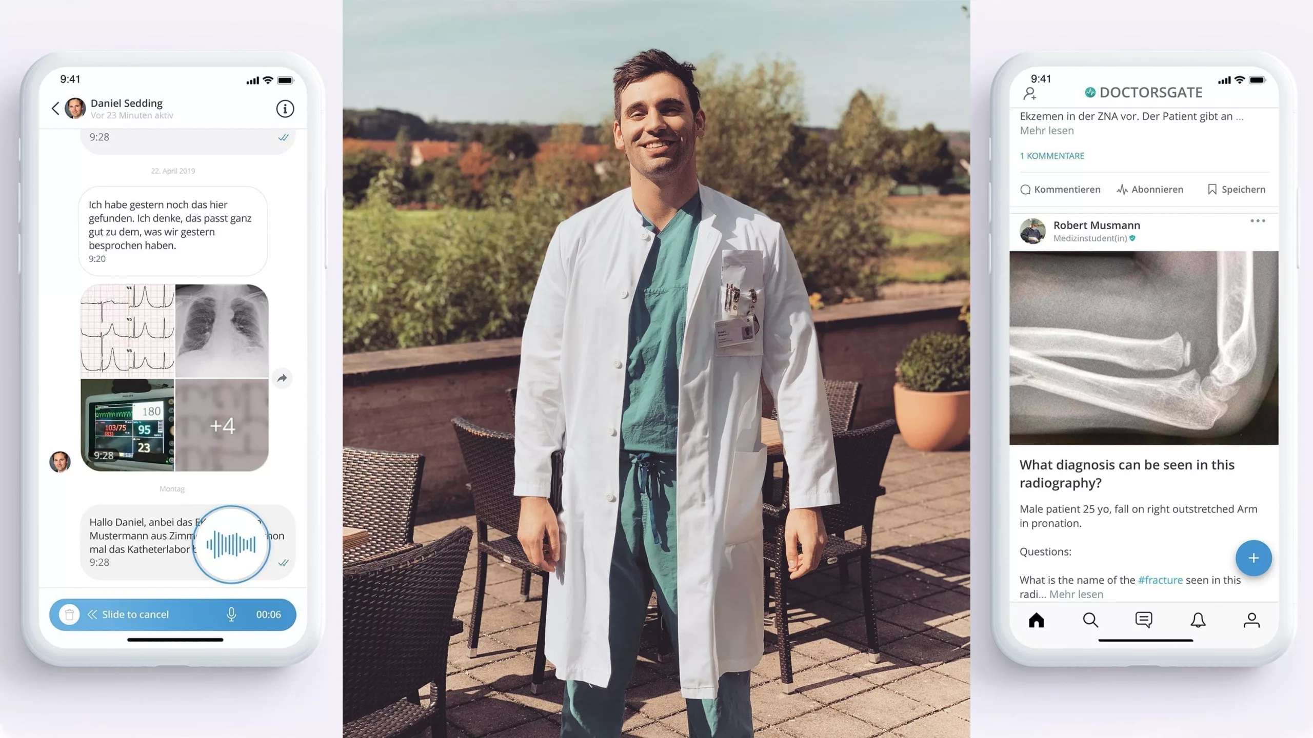 Das Bild zeigt den Gründer von Doctorsgate und zwei Anwendungsbeispiele.