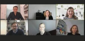 Virtuelle Podiumsdiskussion mit sechs Teilnehmern im Videokonferenzformat