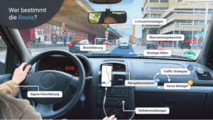 Die Sicht aus einem Auto, das an einer Kreuzung steht. Mithilfe von Blasen werden die verschiedenen Faktoren für die Bestimmung der Fahrtroute aufgeführt.
