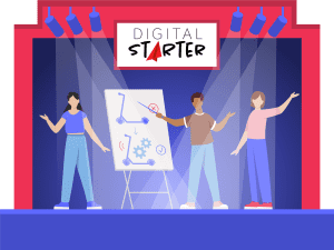 Illustration von drei Menschen die eine Präsentation auf einer Bühne halten.
