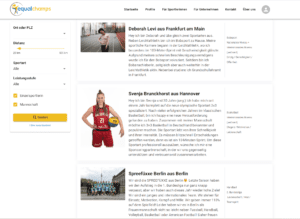 Ausschnitt der equalchamps-Plattform auf der die Profile von Sportlerinnen und Mannschaften vorgestellt werden.