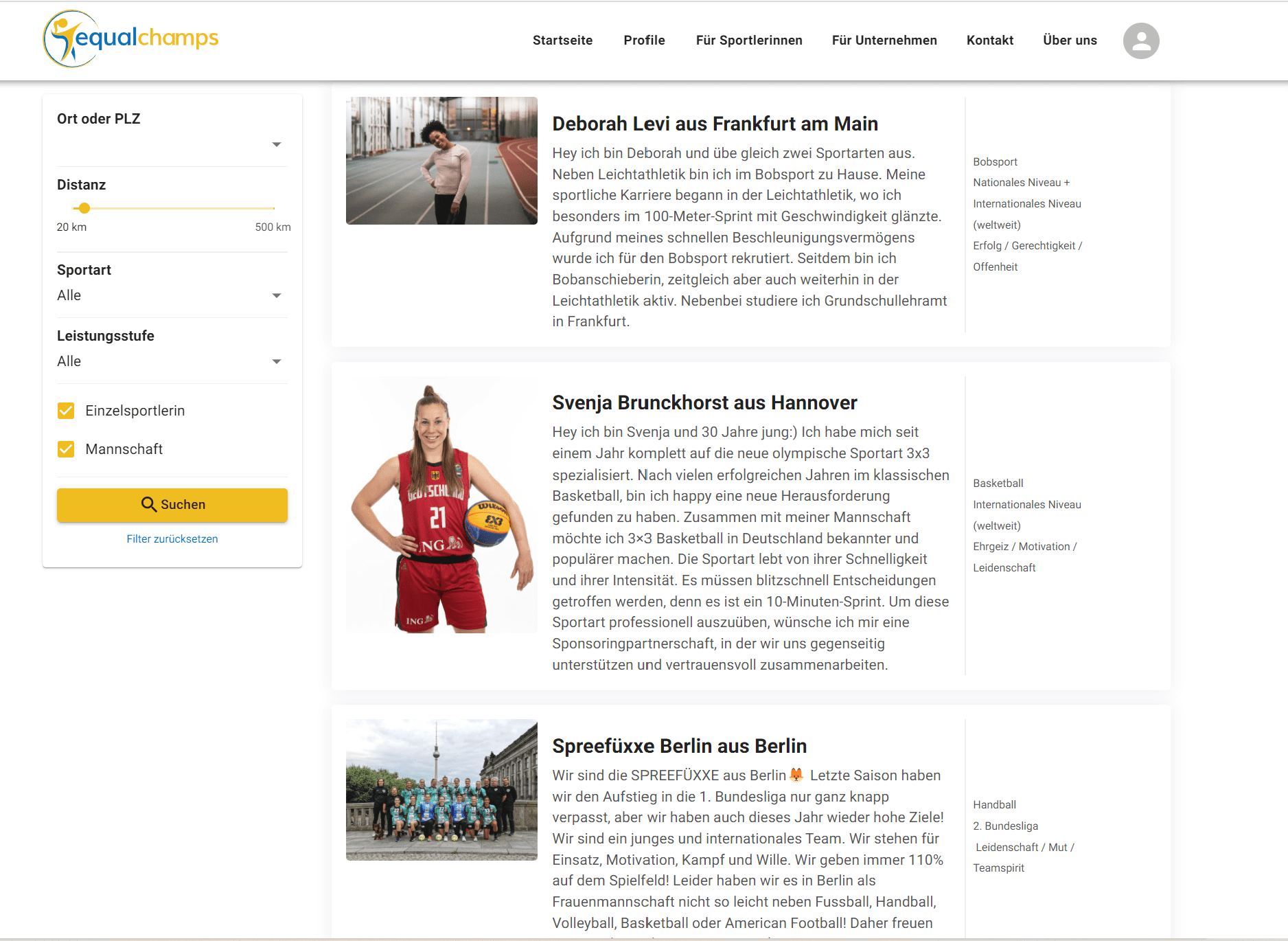 Ausschnitt der equalchamps-Plattform auf der die Profile von Sportlerinnen und Mannschaften vorgestellt werden.