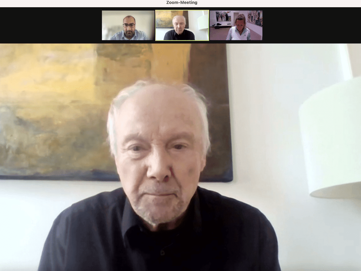 Videokonferenz mit Professor Faltin und einem Redakteur.