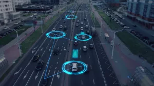 Visualisierung der Interaktion von selbstfahrenden autonomen Fahrzeugen. KI-gesteuerte Roboterautos fahren auf einer belebten Stadtstraße, scannen die Straße mit Sensoren und tauschen Informationen aus.