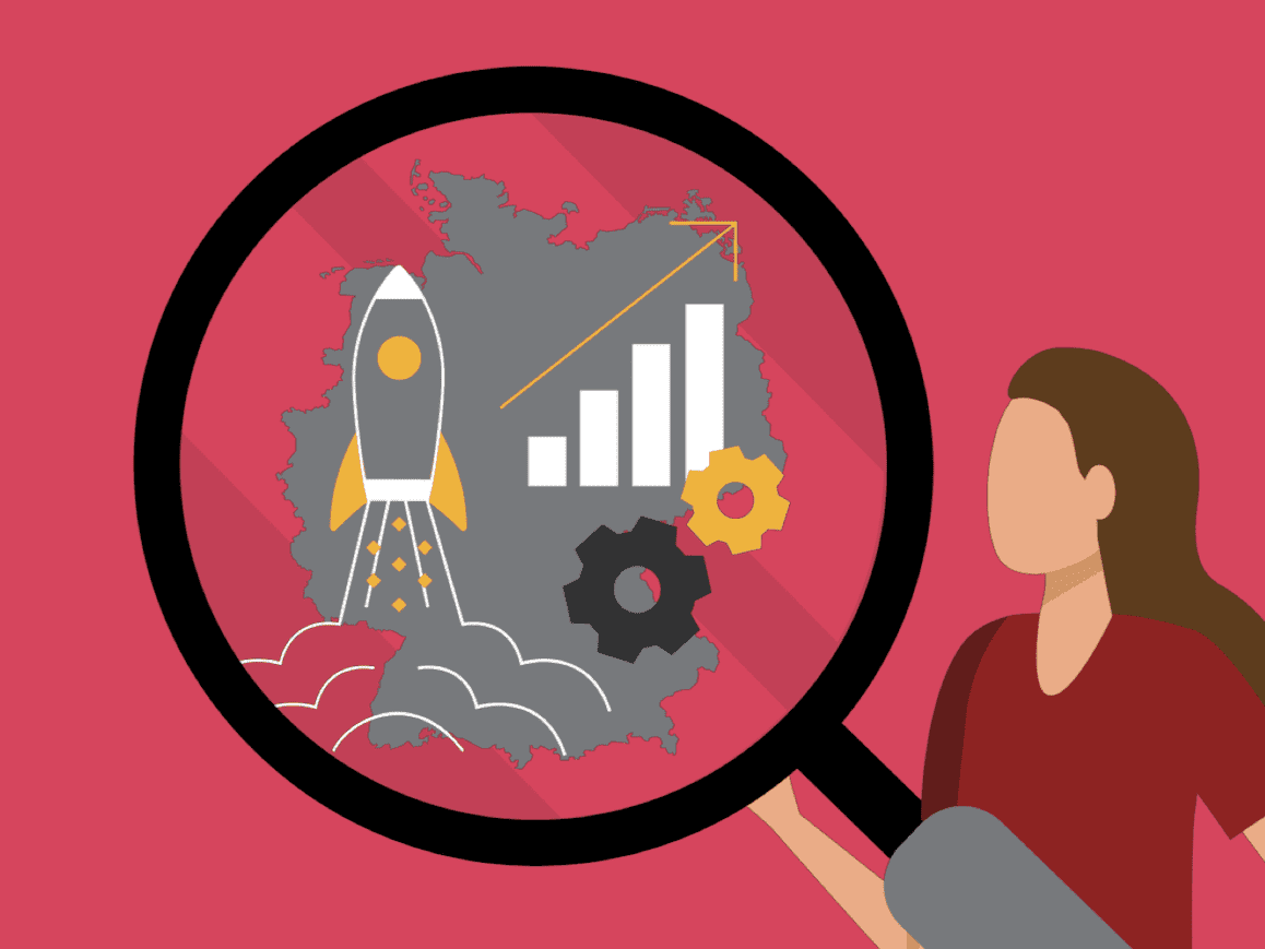 Symbolgrafik: Eine Frau wirft mit einer Lupe einen genaueren Blick auf die Startup-Branche Deutschland