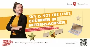 Anzeigenbild der Gründerin Kristina Nikolaus mit ihrem Startup OKAPI:Orbits. Die Headline der Anzeige lautet "Sky is not the limit: Gründen in Niedersachsen"