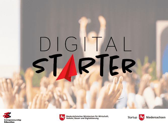 DigitalSTARTER Logo mit Kindern im Hintergrund, die die Arme heben