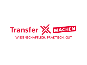 Schriftzug Transfer X MACHEN. Darunter: Wissenschaftlich. Praktisch. Gut.