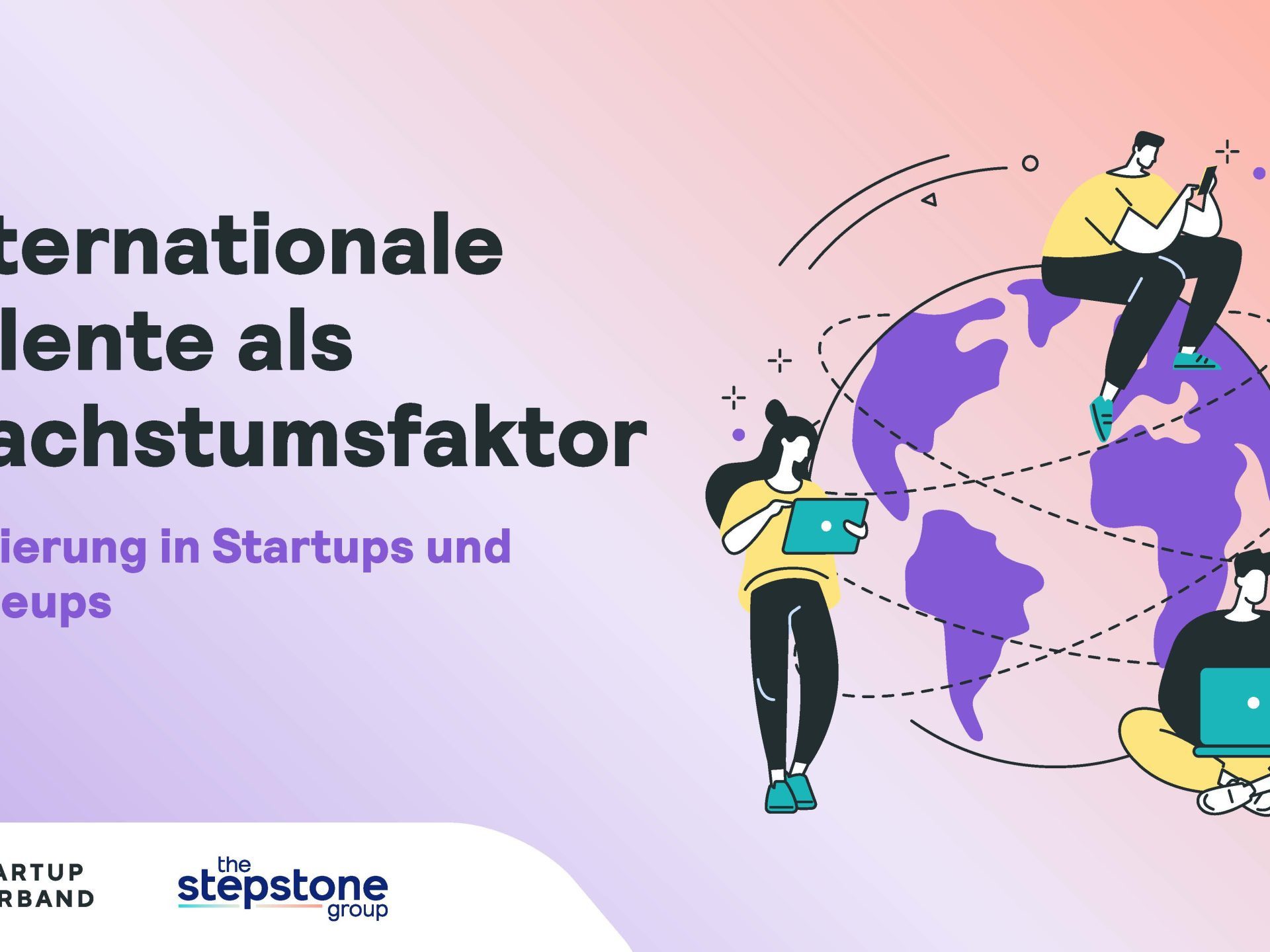 Illustration von Personen, die an einemLaptop und/oder Handy arbeiten und auf einer Weltkugel sitzen