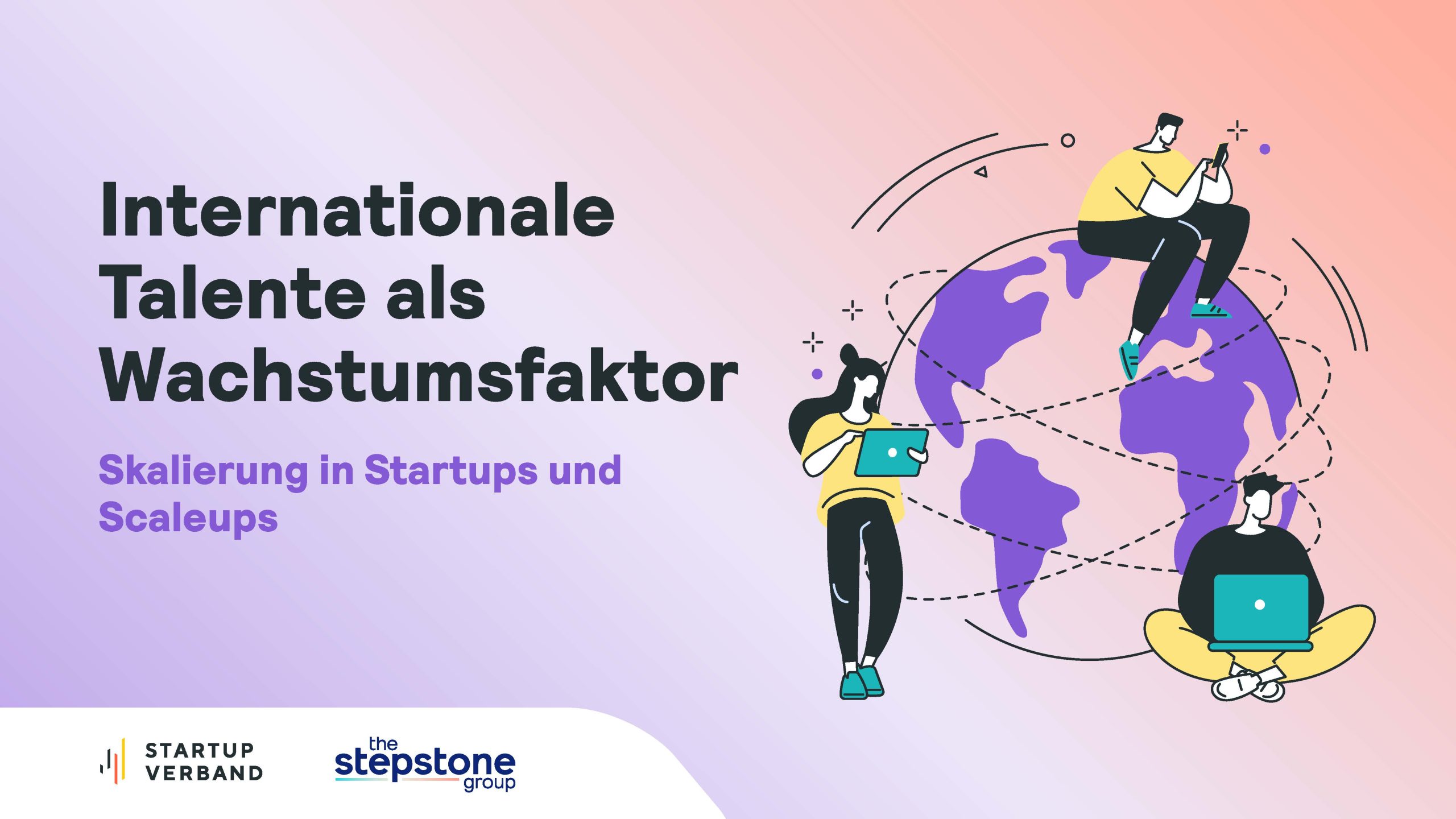Illustration von Personen, die an einemLaptop und/oder Handy arbeiten und auf einer Weltkugel sitzen