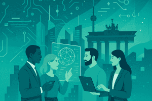 Illustration von Menschen in einer digitalen Welt. Im Hintergrund das Brandenburger Tor und Halbleiter.