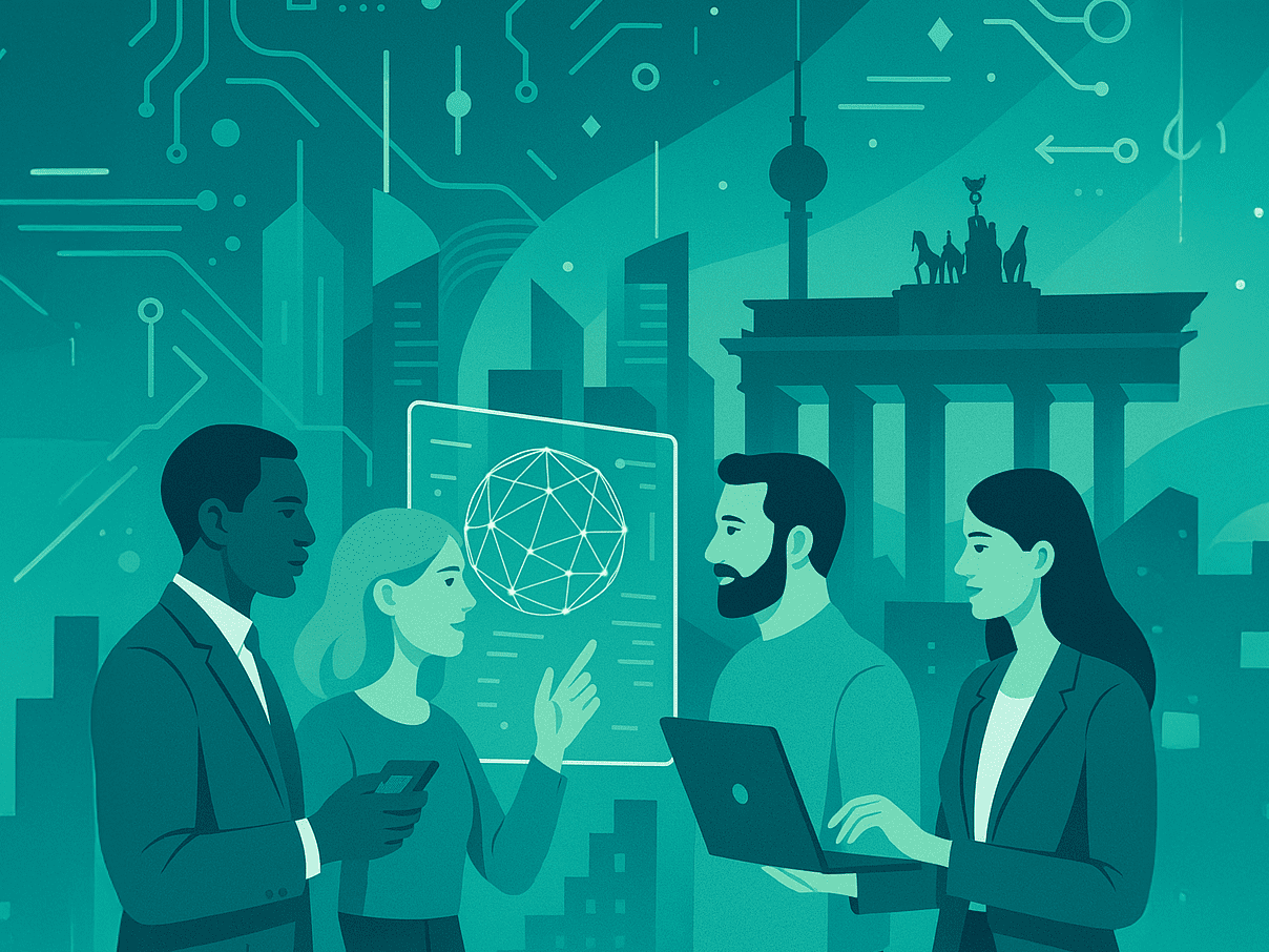 Illustration von Menschen in einer digitalen Welt. Im Hintergrund das Brandenburger Tor und Halbleiter.