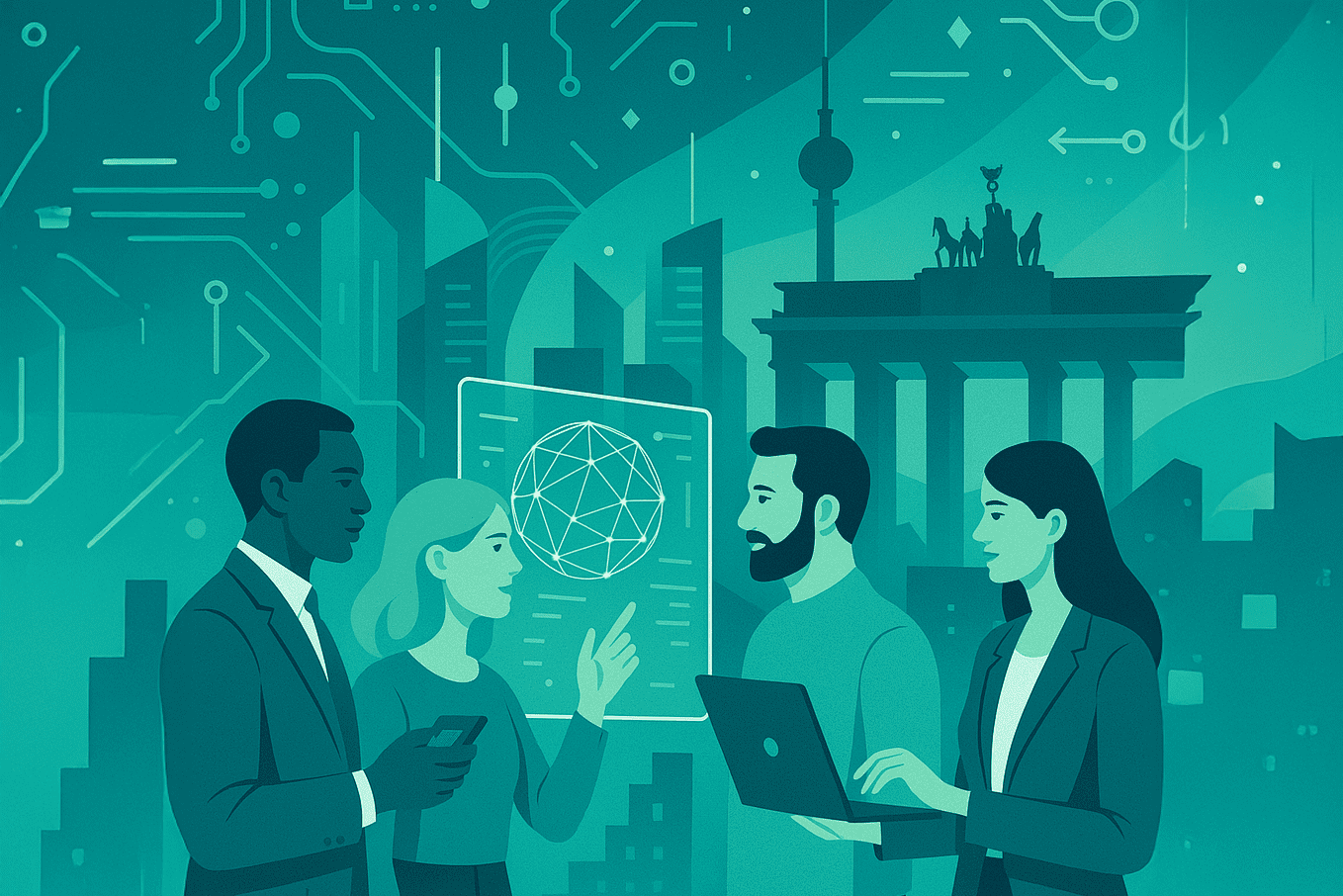 Illustration von Menschen in einer digitalen Welt. Im Hintergrund das Brandenburger Tor und Halbleiter.