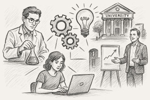 Das schwarz-weiße, handgezeichnete Bild zeigt in skizzenhaftem Stil eine symbolische Darstellung des Gründungsprozesses wissenschaftsbasierter Startups an Hochschulen. Links im Bild steht ein Wissenschaftler mit Brille und Laborkittel an einem Labortisch. Er hält konzentriert ein Erlenmeyerkolben mit Flüssigkeit in der Hand – Sinnbild für Forschung und Innovation. Darunter sitzt eine junge Frau mit schulterlangen Haaren an einem Laptop. Sie wirkt fokussiert – als Studierende oder angehende Gründerin. Oberhalb der beiden sind drei ineinandergreifende Zahnräder gezeichnet, die symbolisch für den Transfer von Wissen und technische Prozesse stehen. Darüber leuchtet eine große Glühbirne, die als klassisches Symbol für eine Idee dient. Rechts oben befindet sich ein Universitätsgebäude mit klassischer Säulenarchitektur und der Aufschrift „UNIVERSITY“. Es steht für den Ursprung wissenschaftlicher Innovation. Rechts unten präsentiert ein Mann im Anzug vor einem Flipchart mit aufsteigender Kurve – er repräsentiert den Pitch oder die Präsentation einer Gründungsidee. Die Bildmotive sind durch Linien miteinander verbunden, was den Zusammenhang zwischen Forschung, Bildung, Innovation und Startup-Gründung verdeutlicht.