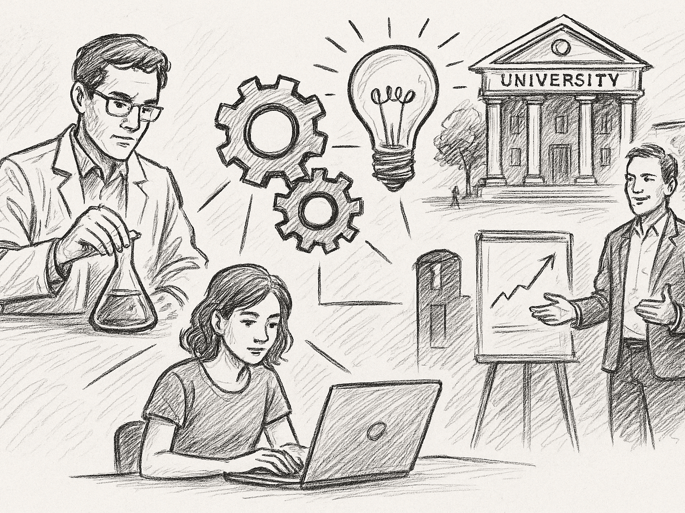 Das schwarz-weiße, handgezeichnete Bild zeigt in skizzenhaftem Stil eine symbolische Darstellung des Gründungsprozesses wissenschaftsbasierter Startups an Hochschulen. Links im Bild steht ein Wissenschaftler mit Brille und Laborkittel an einem Labortisch. Er hält konzentriert ein Erlenmeyerkolben mit Flüssigkeit in der Hand – Sinnbild für Forschung und Innovation. Darunter sitzt eine junge Frau mit schulterlangen Haaren an einem Laptop. Sie wirkt fokussiert – als Studierende oder angehende Gründerin. Oberhalb der beiden sind drei ineinandergreifende Zahnräder gezeichnet, die symbolisch für den Transfer von Wissen und technische Prozesse stehen. Darüber leuchtet eine große Glühbirne, die als klassisches Symbol für eine Idee dient. Rechts oben befindet sich ein Universitätsgebäude mit klassischer Säulenarchitektur und der Aufschrift „UNIVERSITY“. Es steht für den Ursprung wissenschaftlicher Innovation. Rechts unten präsentiert ein Mann im Anzug vor einem Flipchart mit aufsteigender Kurve – er repräsentiert den Pitch oder die Präsentation einer Gründungsidee. Die Bildmotive sind durch Linien miteinander verbunden, was den Zusammenhang zwischen Forschung, Bildung, Innovation und Startup-Gründung verdeutlicht.
