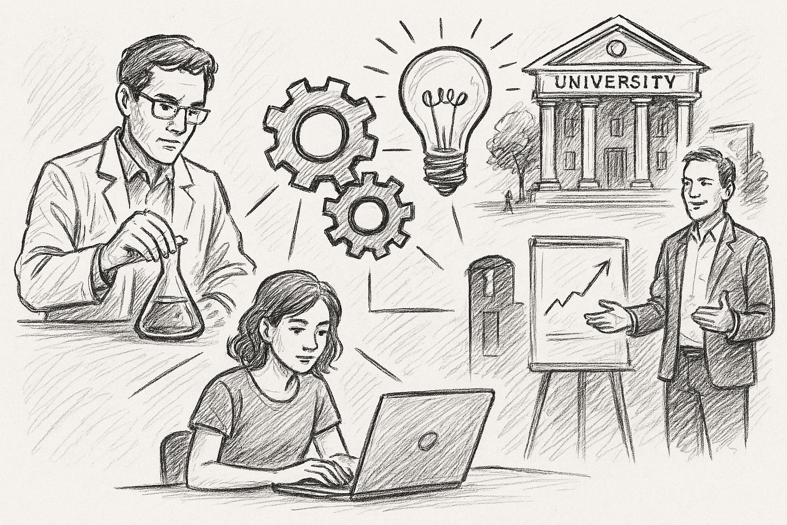 Das schwarz-weiße, handgezeichnete Bild zeigt in skizzenhaftem Stil eine symbolische Darstellung des Gründungsprozesses wissenschaftsbasierter Startups an Hochschulen. Links im Bild steht ein Wissenschaftler mit Brille und Laborkittel an einem Labortisch. Er hält konzentriert ein Erlenmeyerkolben mit Flüssigkeit in der Hand – Sinnbild für Forschung und Innovation. Darunter sitzt eine junge Frau mit schulterlangen Haaren an einem Laptop. Sie wirkt fokussiert – als Studierende oder angehende Gründerin. Oberhalb der beiden sind drei ineinandergreifende Zahnräder gezeichnet, die symbolisch für den Transfer von Wissen und technische Prozesse stehen. Darüber leuchtet eine große Glühbirne, die als klassisches Symbol für eine Idee dient. Rechts oben befindet sich ein Universitätsgebäude mit klassischer Säulenarchitektur und der Aufschrift „UNIVERSITY“. Es steht für den Ursprung wissenschaftlicher Innovation. Rechts unten präsentiert ein Mann im Anzug vor einem Flipchart mit aufsteigender Kurve – er repräsentiert den Pitch oder die Präsentation einer Gründungsidee. Die Bildmotive sind durch Linien miteinander verbunden, was den Zusammenhang zwischen Forschung, Bildung, Innovation und Startup-Gründung verdeutlicht.