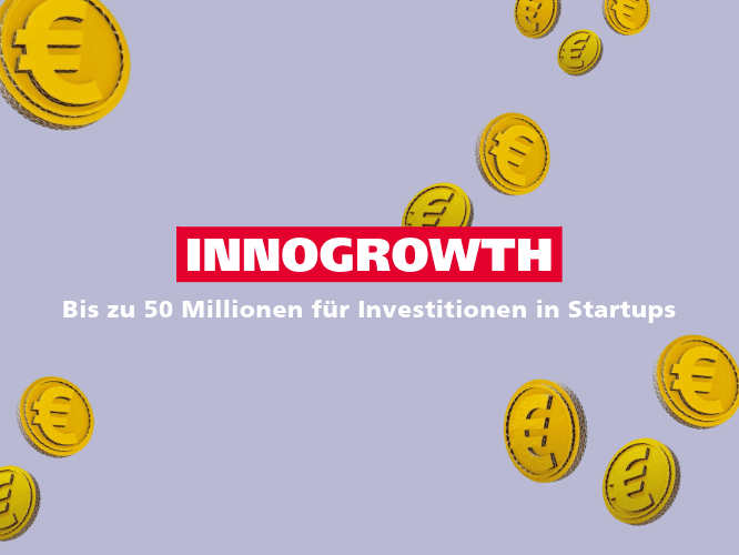 Schriftzug InnoGrowth mit illustrierten Geldmünzen im Hintergrund