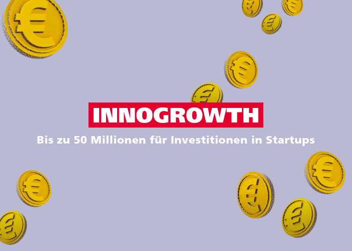 Schriftzug InnoGrowth mit illustrierten Geldmünzen im Hintergrund